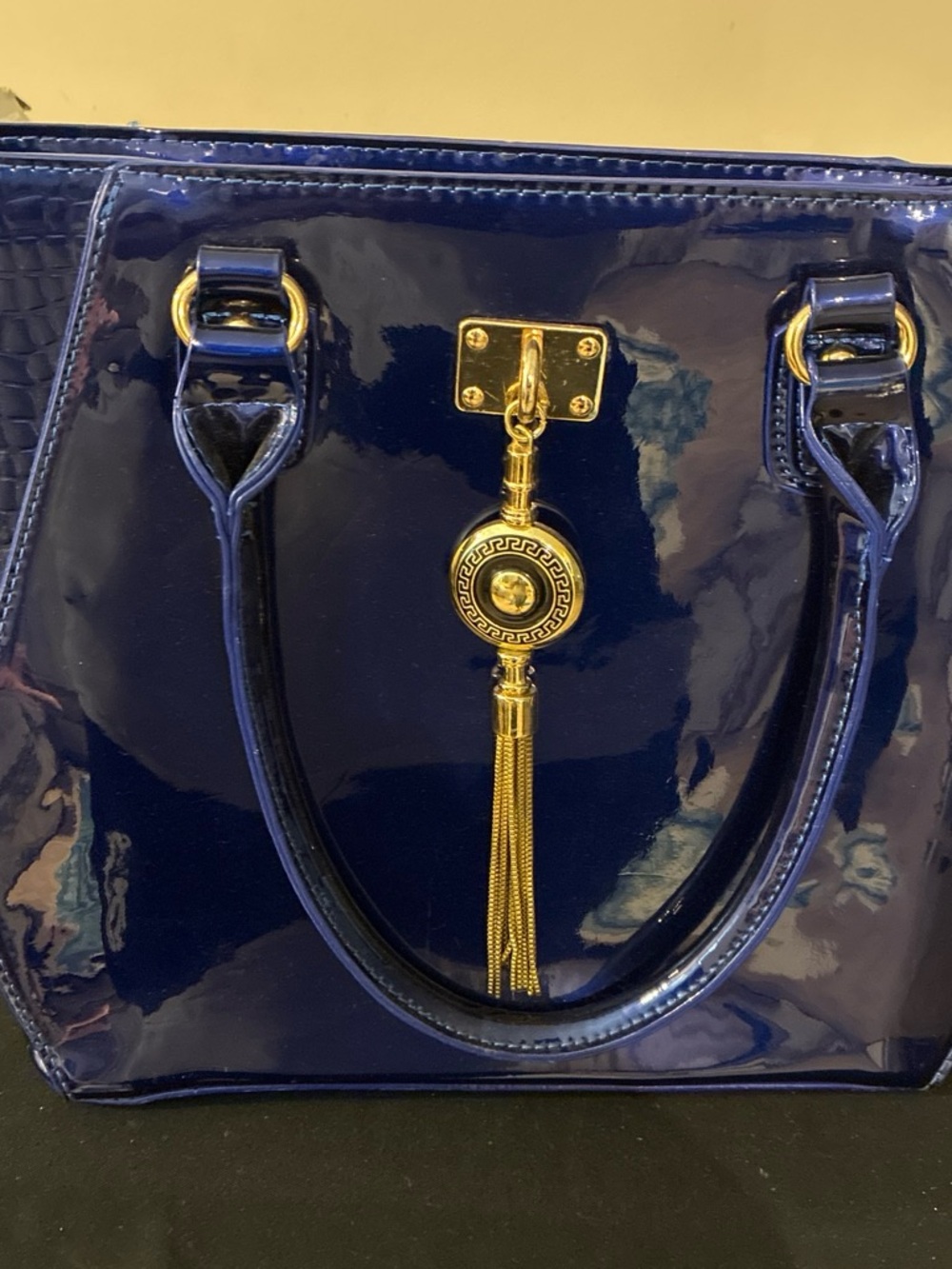 Patent Tassel Tote in Deep Navy Blue
